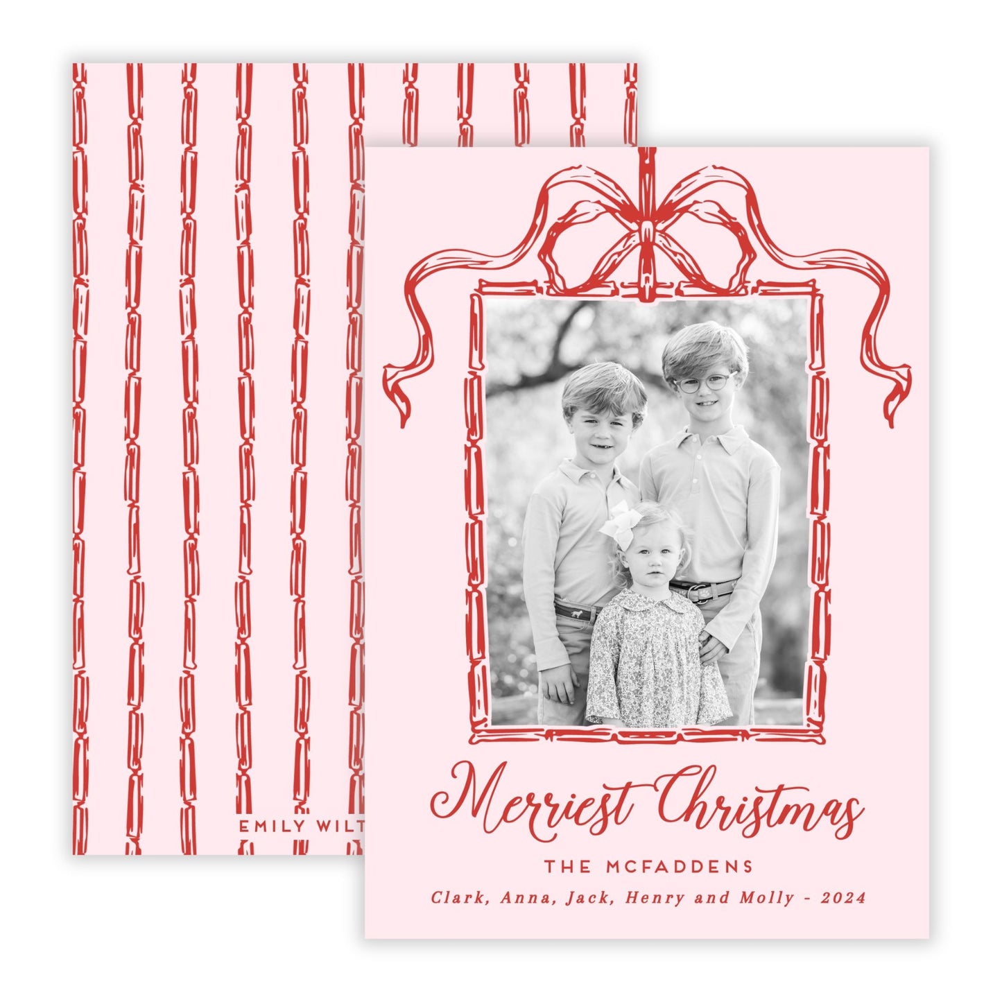 Christmas Photo Card - Bamboo Bow Frame, Pink (Portrait Photo)