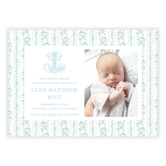 Birth Announcement Photo Card - Floral Vine Pattern, Blue (Landscape)