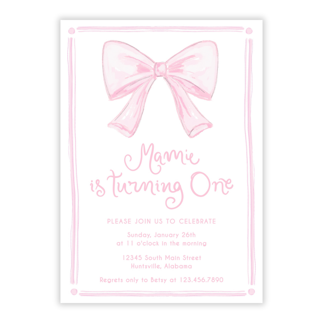 Pink Bow First Birthday Invitations