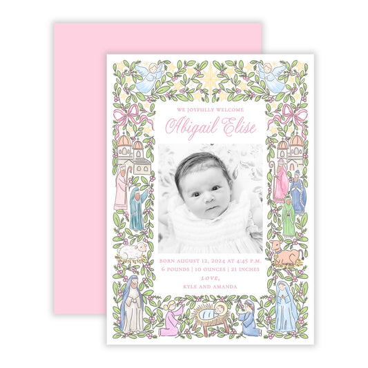 Christmas Photo Card - Festive Nativity, Pastel Pink (Birth Announcement) (Portrait)