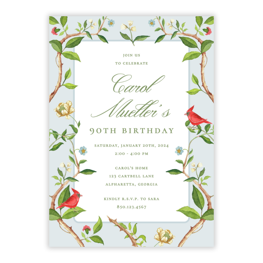 Cardinal Chinoiserie Birthday Invitations