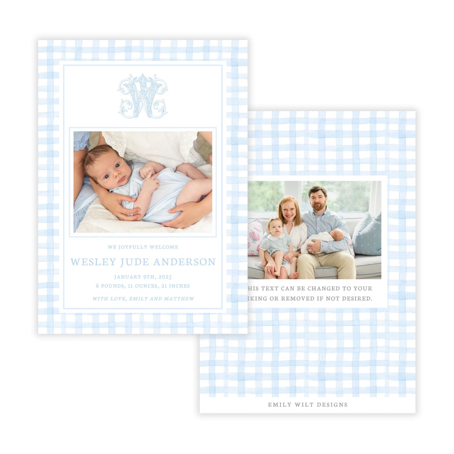 Birth Announcement Photo Card - Monogrammed Gingham, Blue (Portrait)