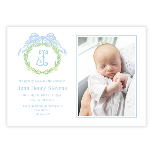 Birth Announcement Photo Card - Monogrammed Wreath, Blue (Landscape)