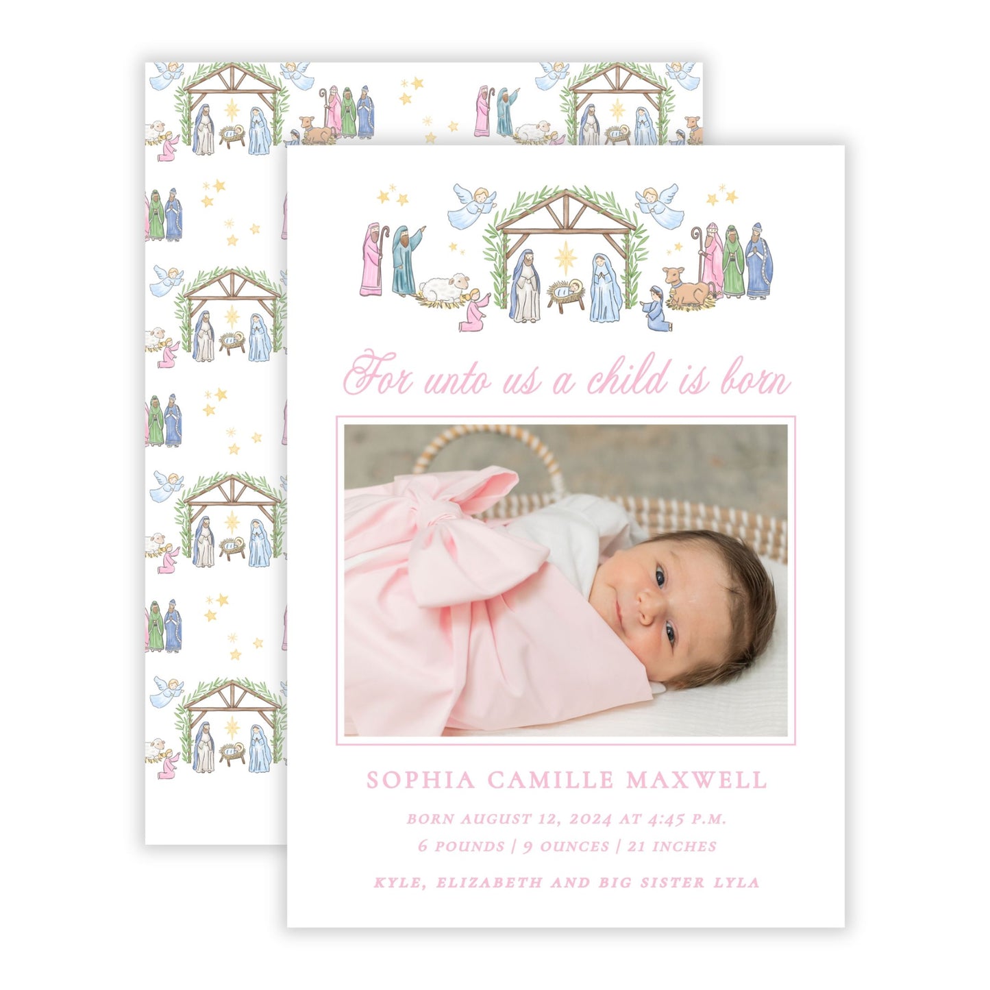 Christmas Photo Card - Festive Nativity, Pastel Pink (Birth Announcement) (Landscape Photo)