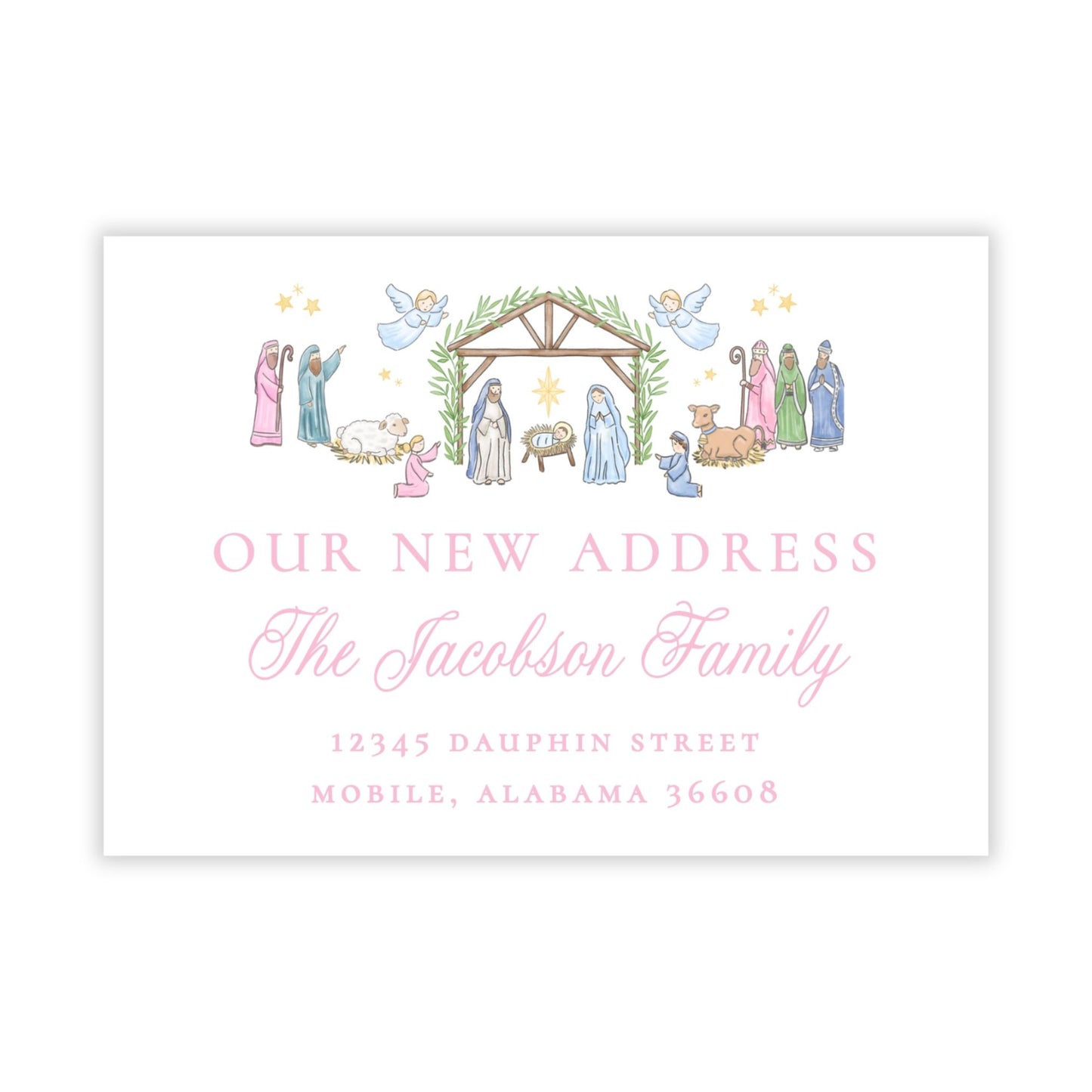 Christmas New Address Enclosure Card - Festive Nativity, Pastel Pink