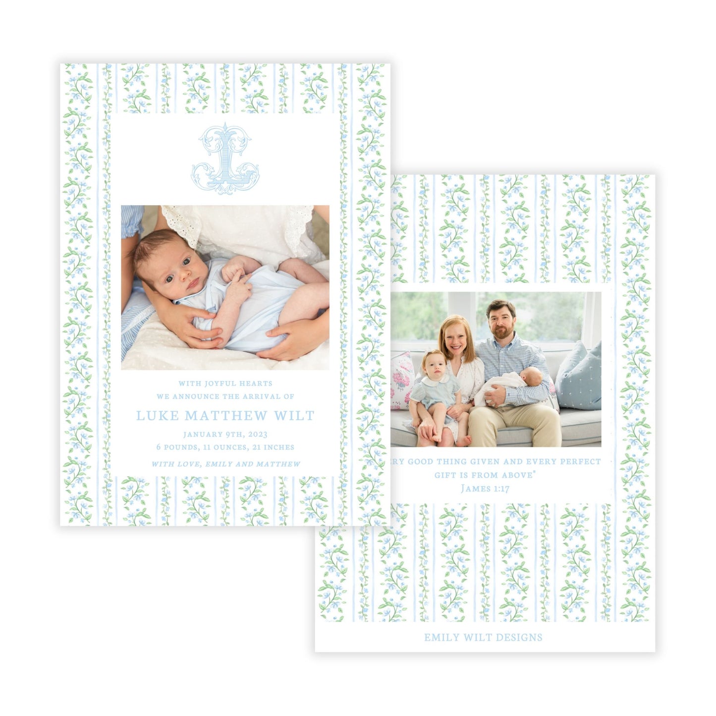 Birth Announcement Photo Card - Floral Vine Pattern, Blue (Portrait)