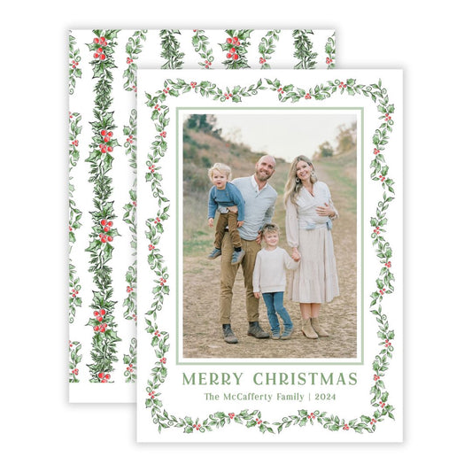 Christmas Photo Card - Scalloped Holly (Portrait Photo)