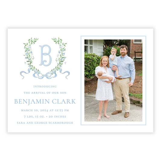 Birth Announcement Photo Card - Laurel Leaf Crest, Blue (Landscape)