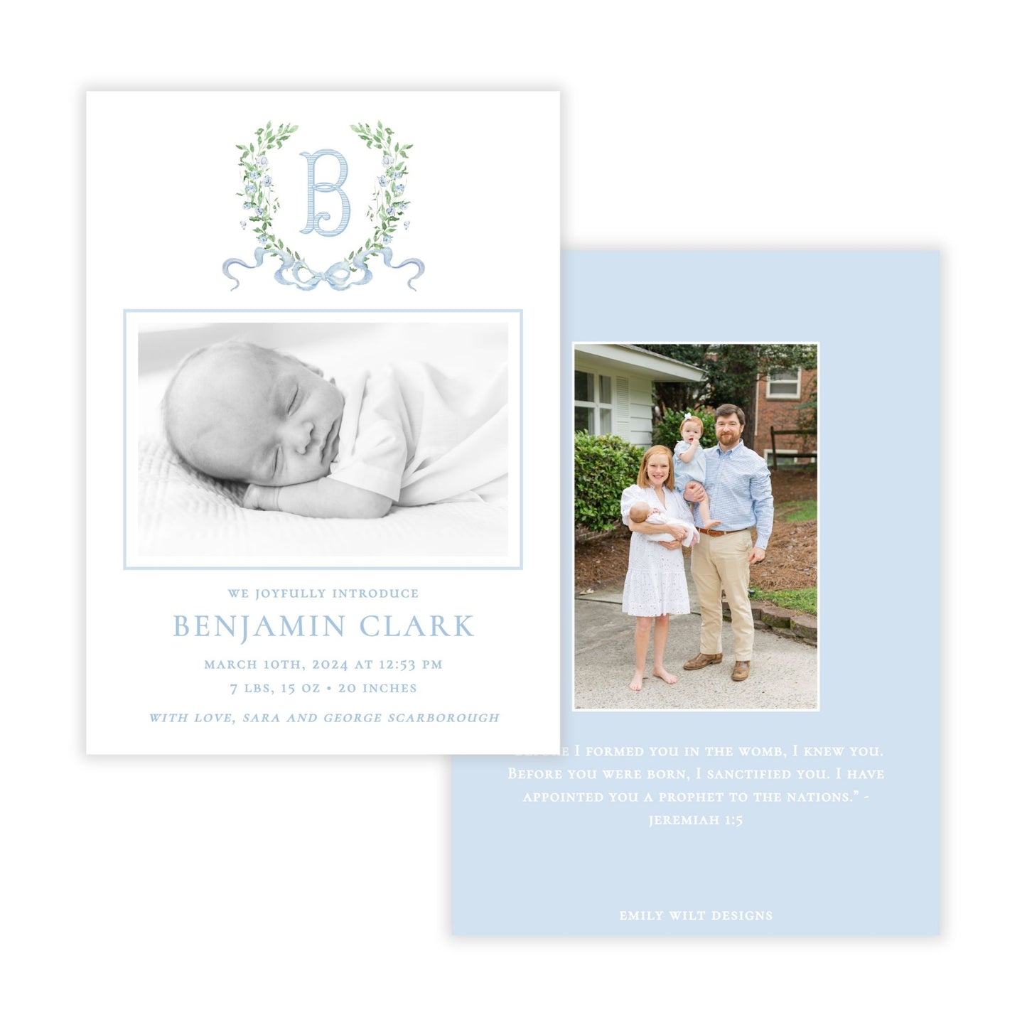 Birth Announcement Photo Card - Laurel Leaf Crest, Blue (Portrait)