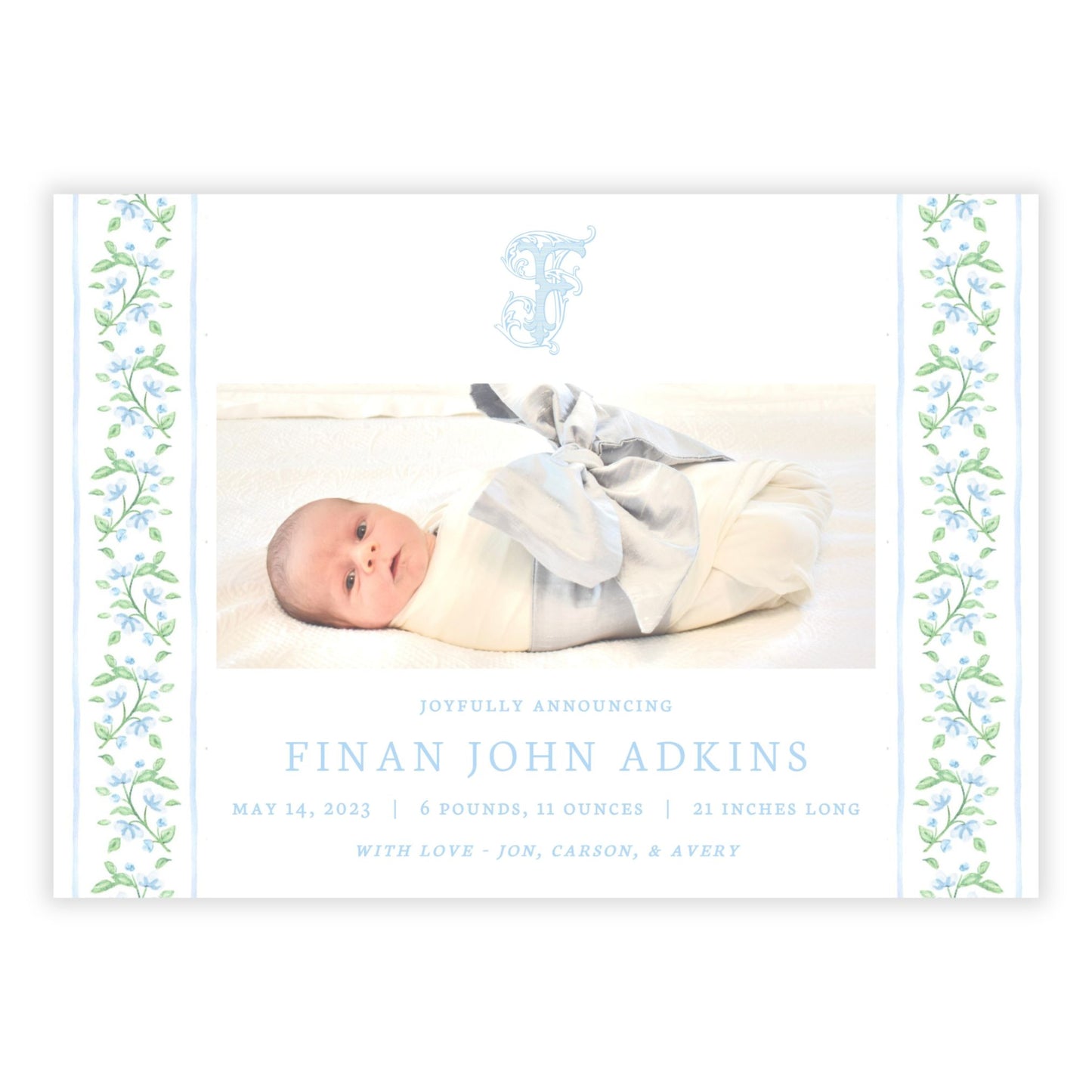 Birth Announcement Photo Card - Floral Vine, Blue (Landscape)