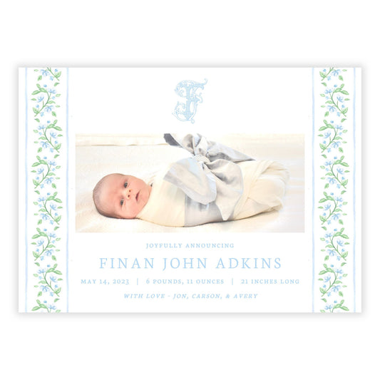 Birth Announcement Photo Card - Floral Vine, Blue (Landscape)