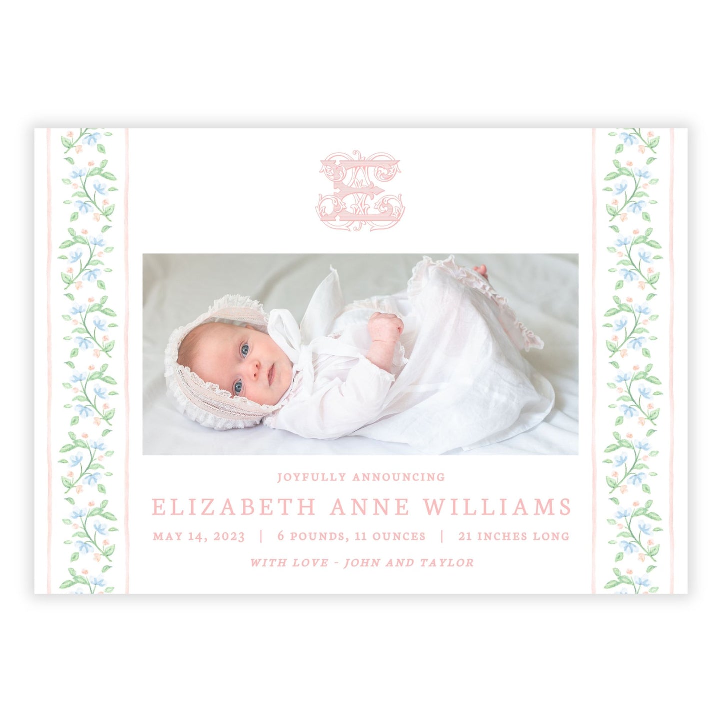 Birth Announcement Photo Card - Floral Vine, Peach (Landscape)