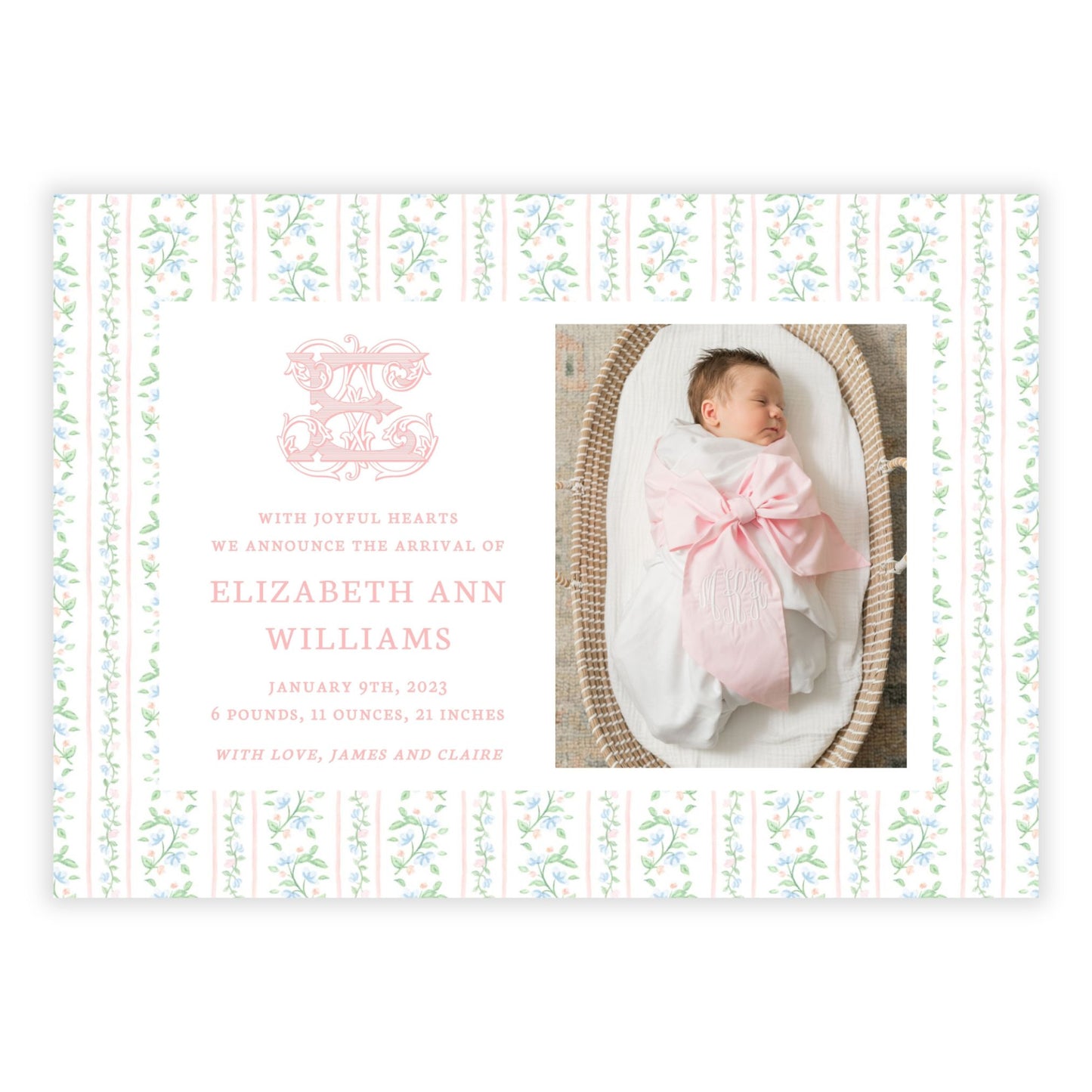 Birth Announcement Photo Card - Floral Vine Pattern, Peach (Landscape)