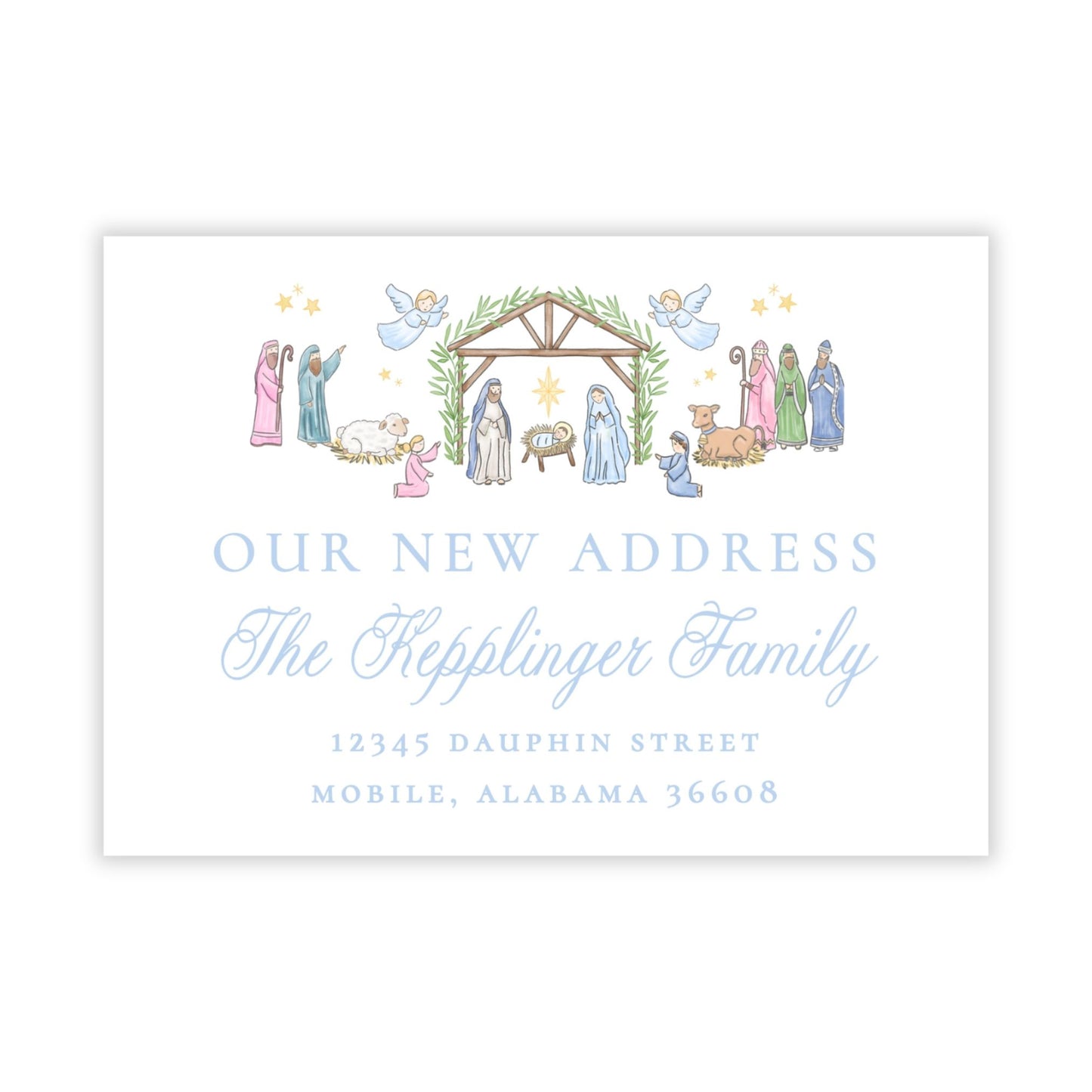 Christmas New Address Enclosure Card - Festive Nativity, Pastel Blue