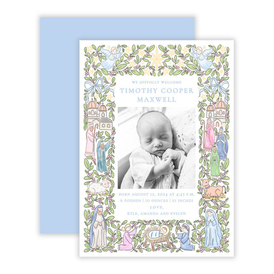 Christmas Photo Card - Festive Nativity, Pastel Blue (Birth Announcement) (Portrait)