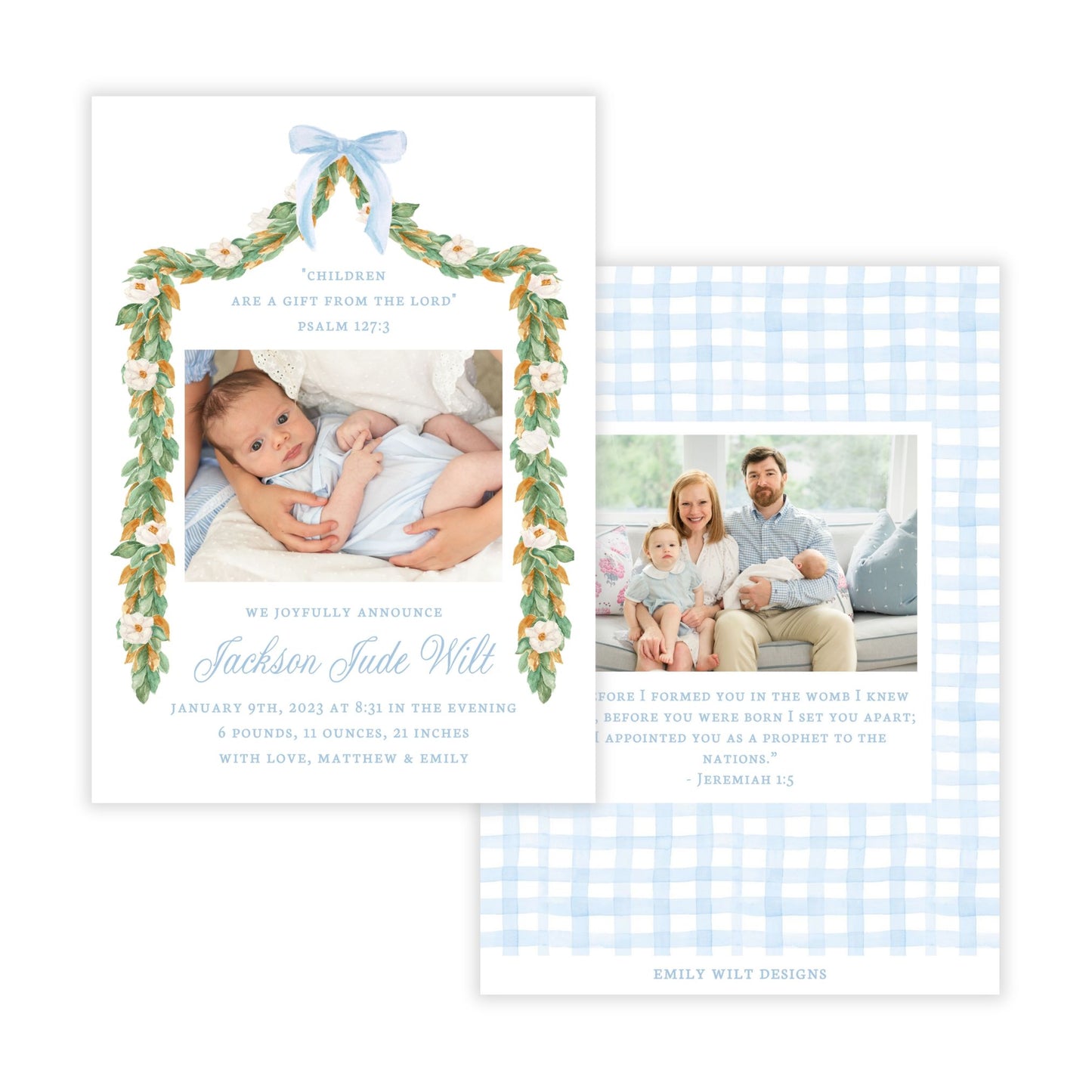 Birth Announcement Photo Card - Magnolia Garland, Blue