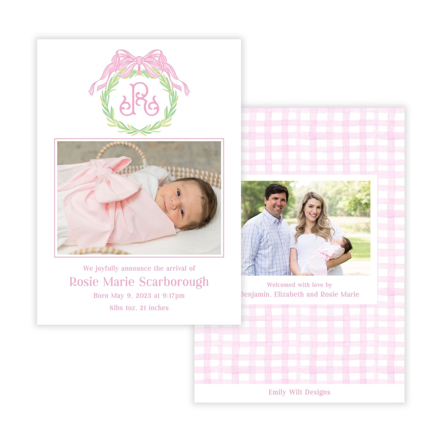 Birth Announcement Photo Card - Monogrammed Wreath, Pink (Portrait)