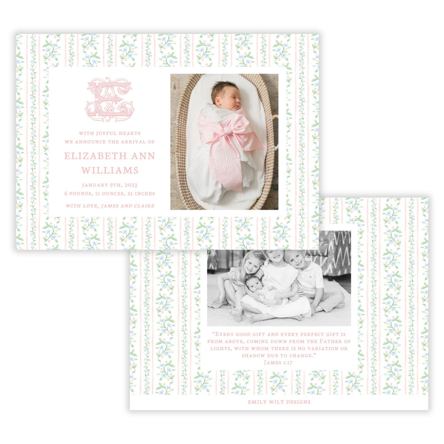 Birth Announcement Photo Card - Floral Vine Pattern, Peach (Landscape)