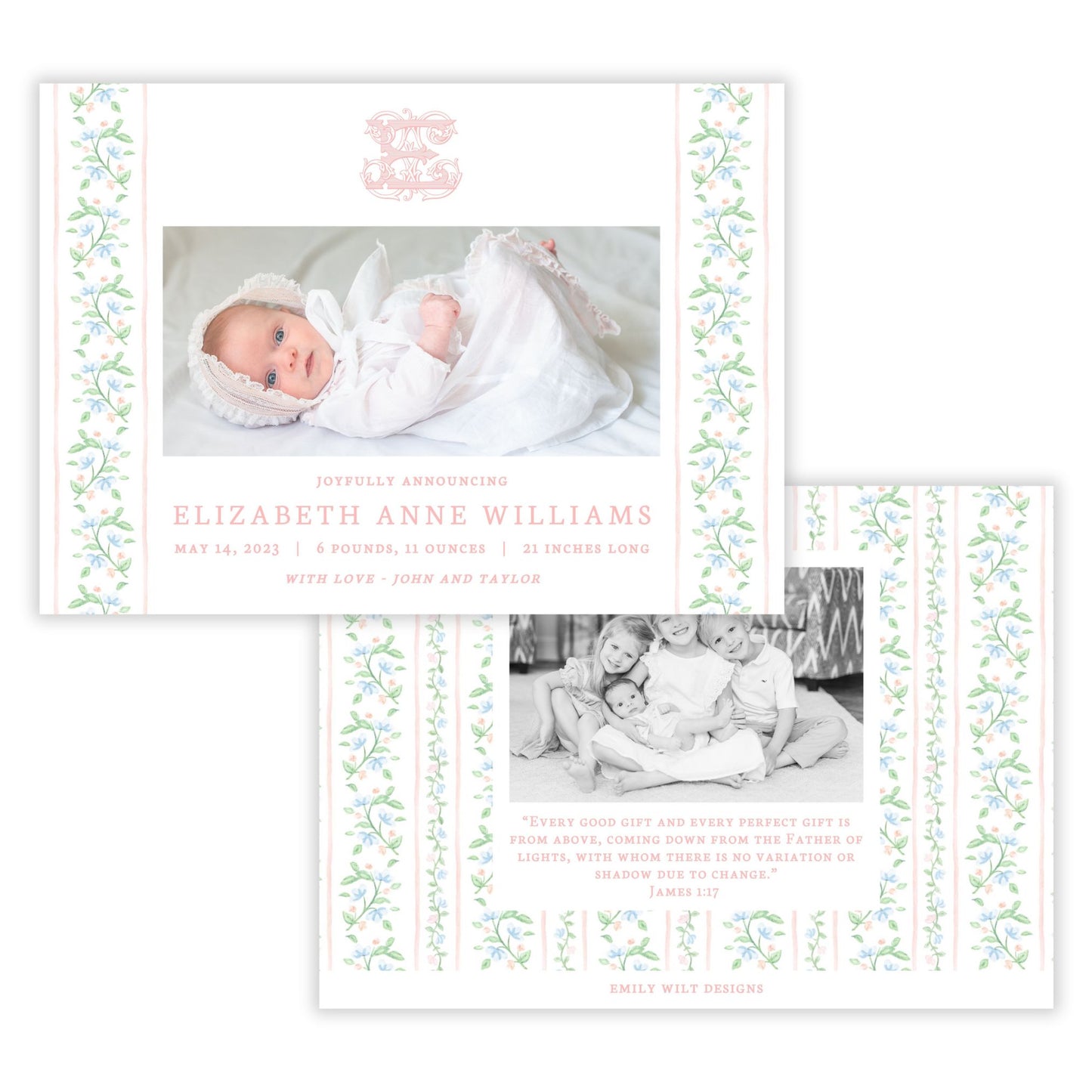 Birth Announcement Photo Card - Floral Vine, Peach (Landscape)