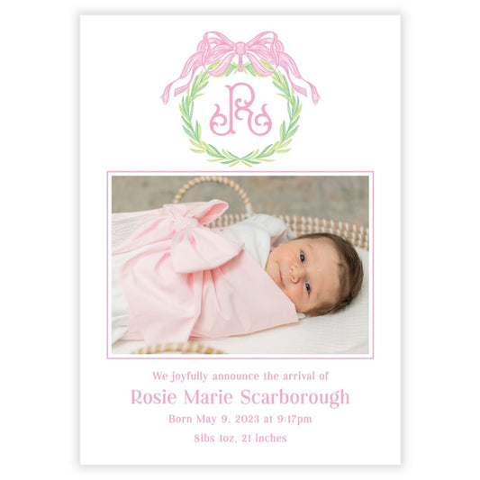 Birth Announcement Photo Card - Monogrammed Wreath, Pink (Portrait)