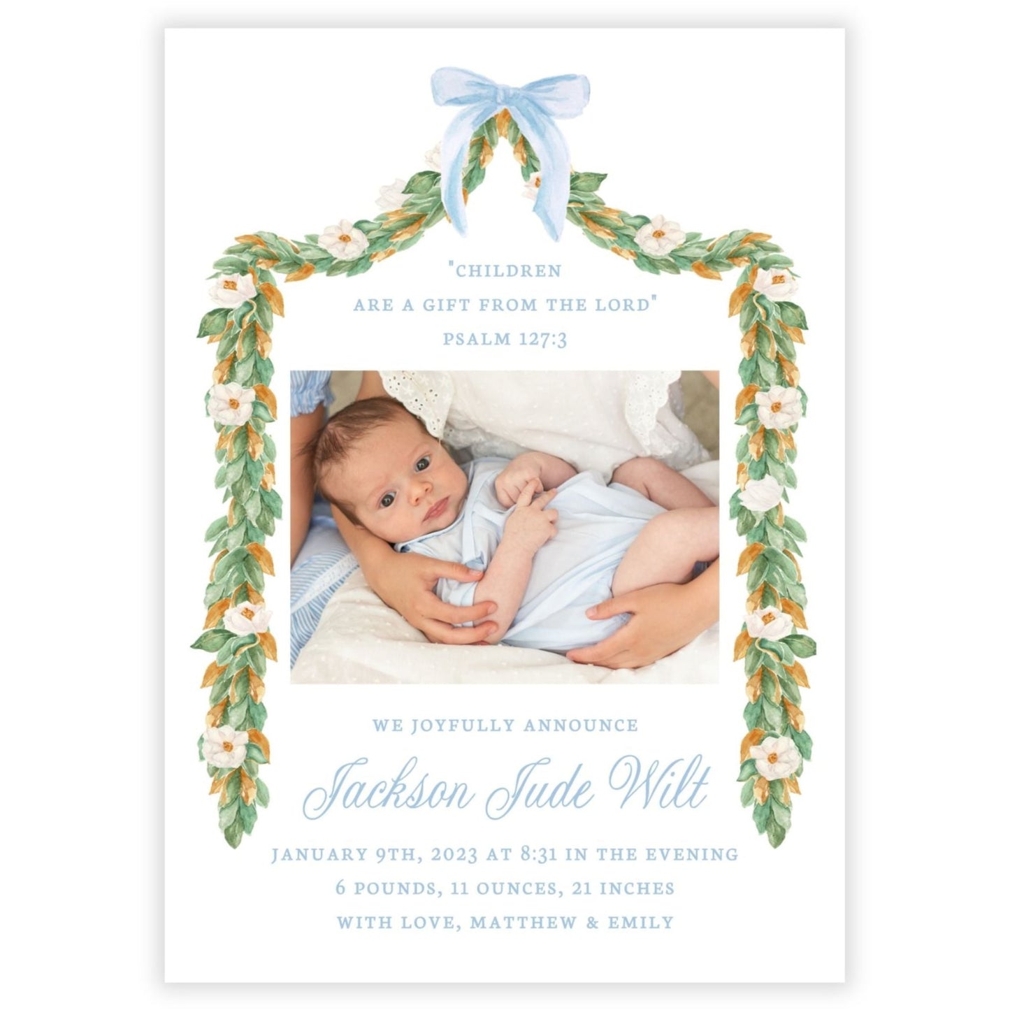 Birth Announcement Photo Card - Magnolia Garland, Blue