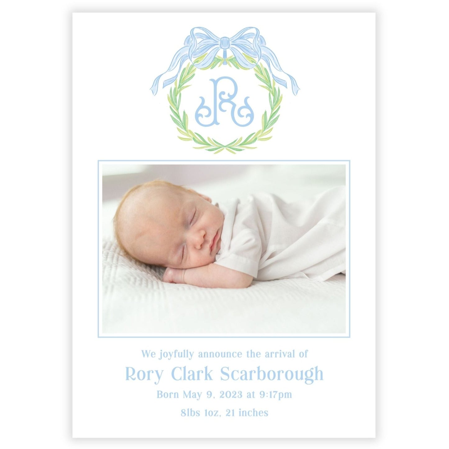 Birth Announcement Photo Card - Monogrammed Wreath, Blue (Portrait)