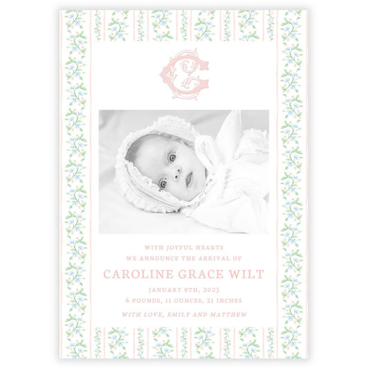 Birth Announcement Photo Card - Floral Vine Pattern, Peach (Portrait)