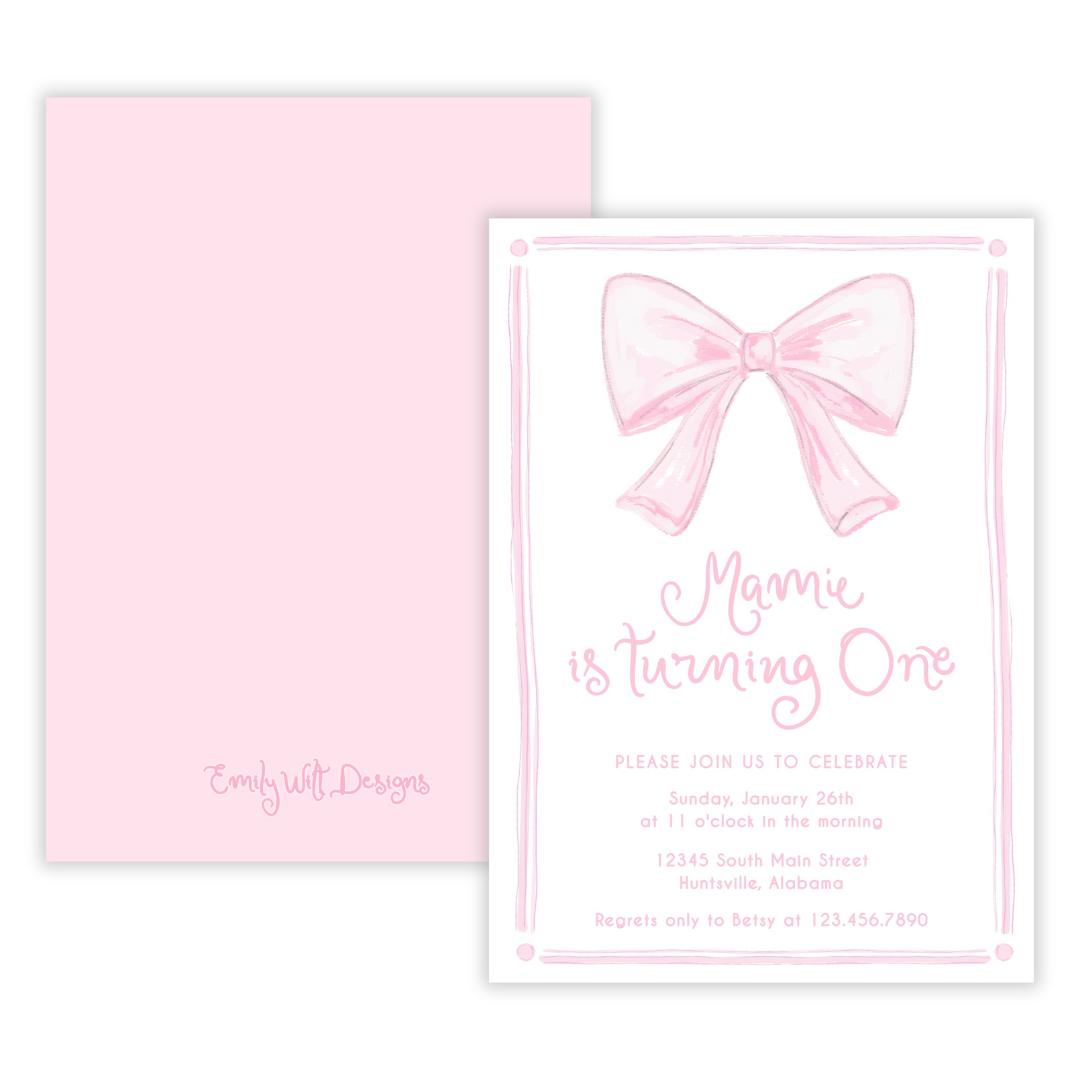 Pink Bow First Birthday Invitations