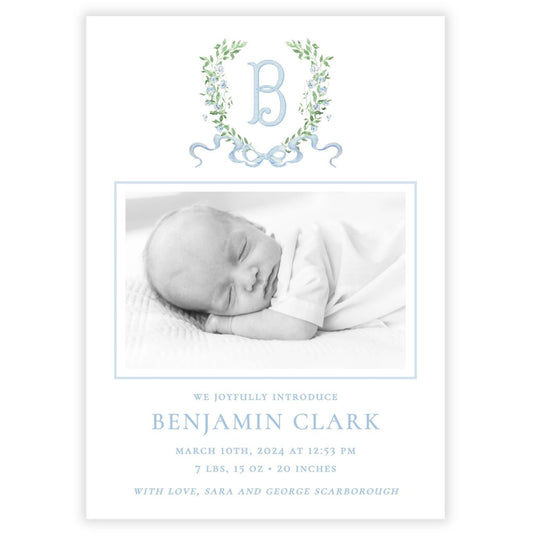 Birth Announcement Photo Card - Laurel Leaf Crest, Blue (Portrait)