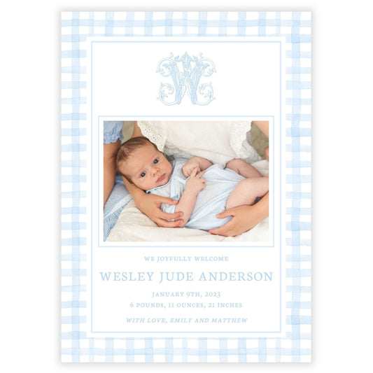 Birth Announcement Photo Card - Monogrammed Gingham, Blue (Portrait)