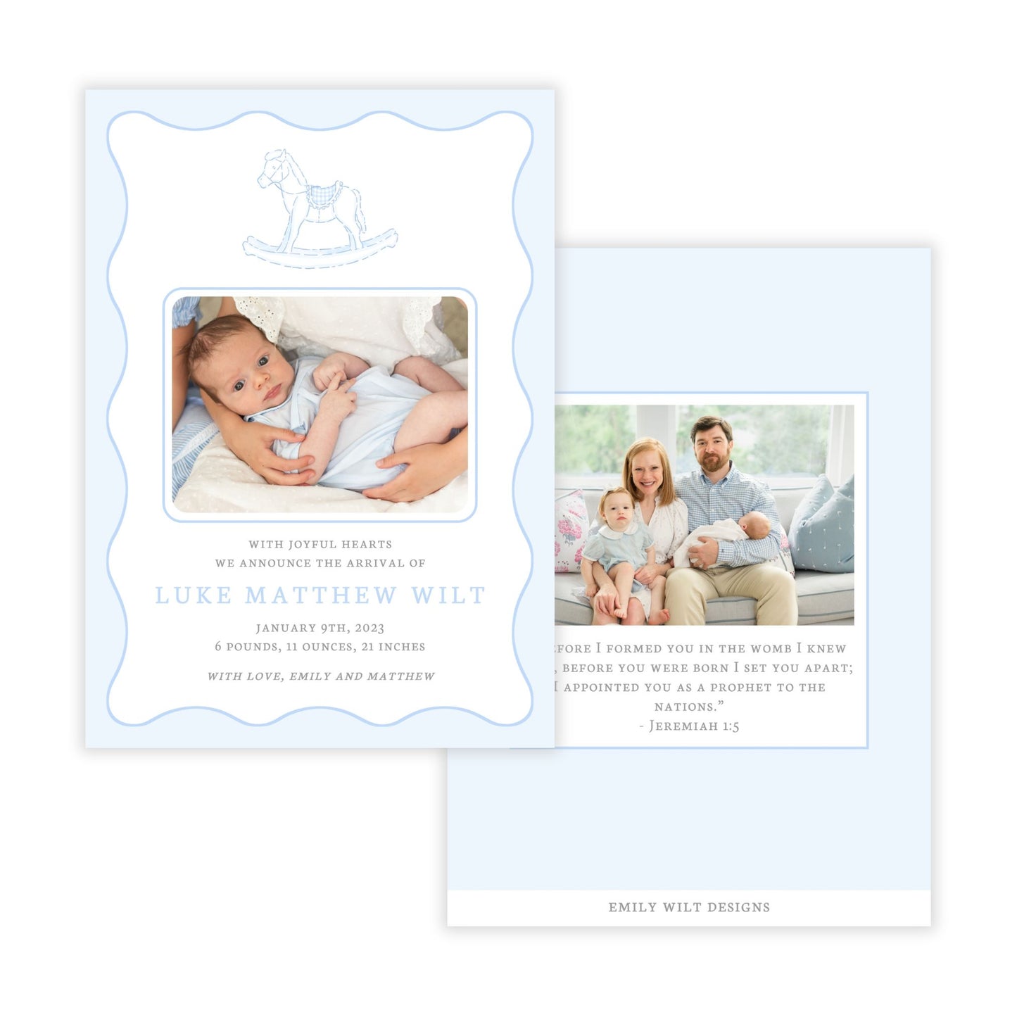 Birth Announcement Photo Card - Rocking Horse, Blue