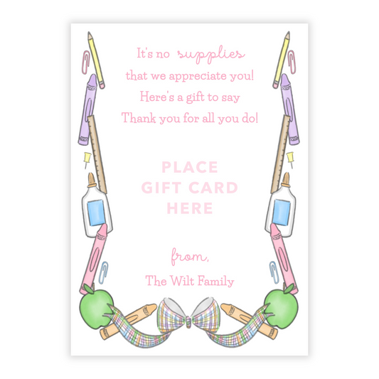 PRINTABLE Teacher Gift Card Holder - Pastel School Supplies, Pink