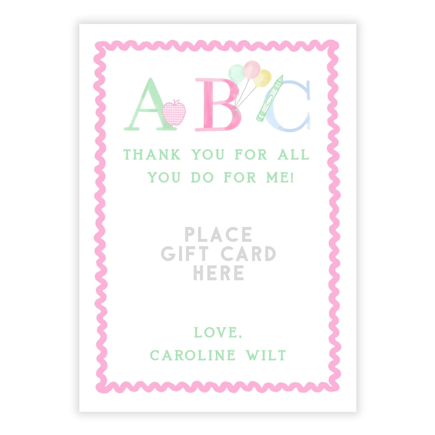 PRINTABLE Teacher Gift Card Holder - ABC, Pink