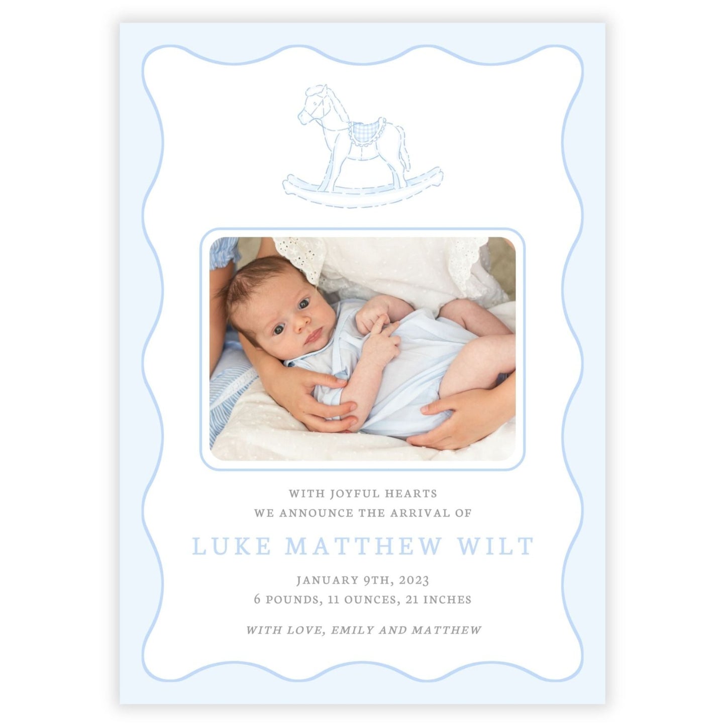 Birth Announcement Photo Card - Rocking Horse, Blue