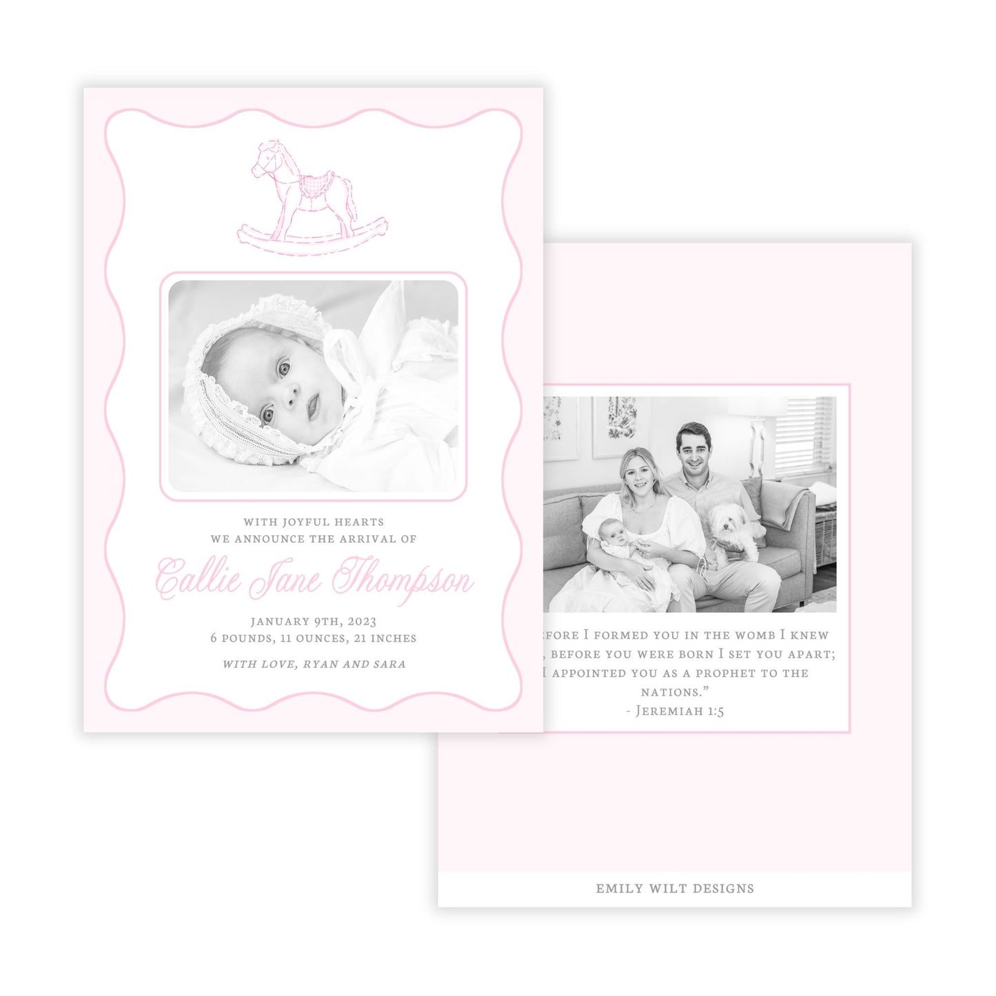 Birth Announcement Photo Card - Rocking Horse, Pink