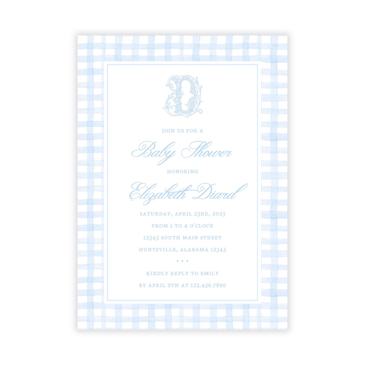 Gingham Monogrammed Baby Shower Invitations - Blue