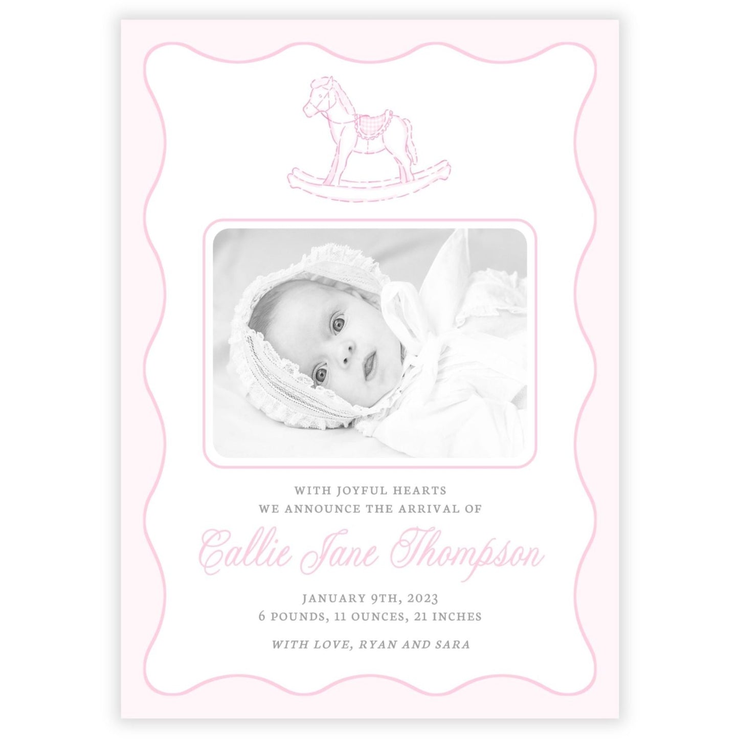 Birth Announcement Photo Card - Rocking Horse, Pink