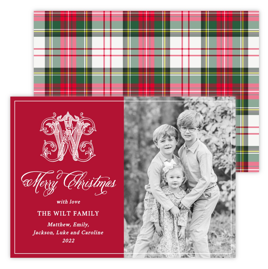 Copy of Christmas Photo Card - Tartan Calligraphy with Monogram (Portrait Photo)