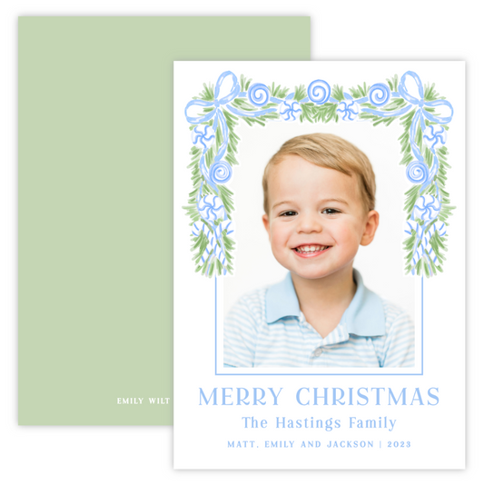 Christmas Photo Card - Christmas Candy Garland, Blue (Portrait)