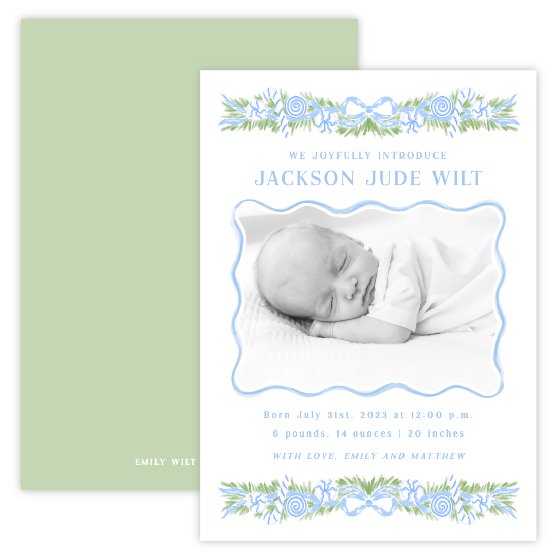 Christmas Photo Card - Christmas Candy Garland, Blue Birth Announcement (Landscape Photo)