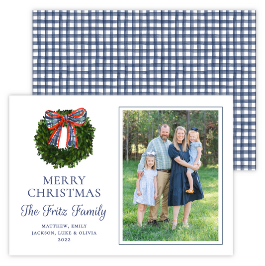 Christmas Photo Card - Plaid Boxwood Wreath Portrait Photo)