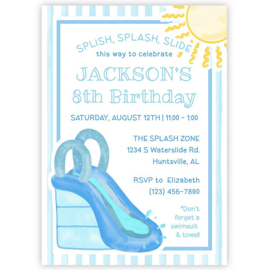 Water Slide Birthday Invitations - Blue