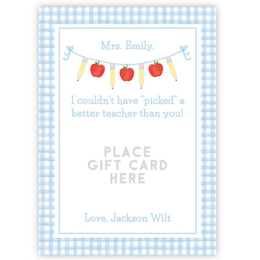 PRINTABLE Teacher Gift Card Holder - Gingham, Blue