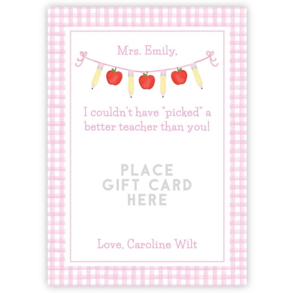 PRINTABLE Teacher Gift Card Holder - Gingham, Pink