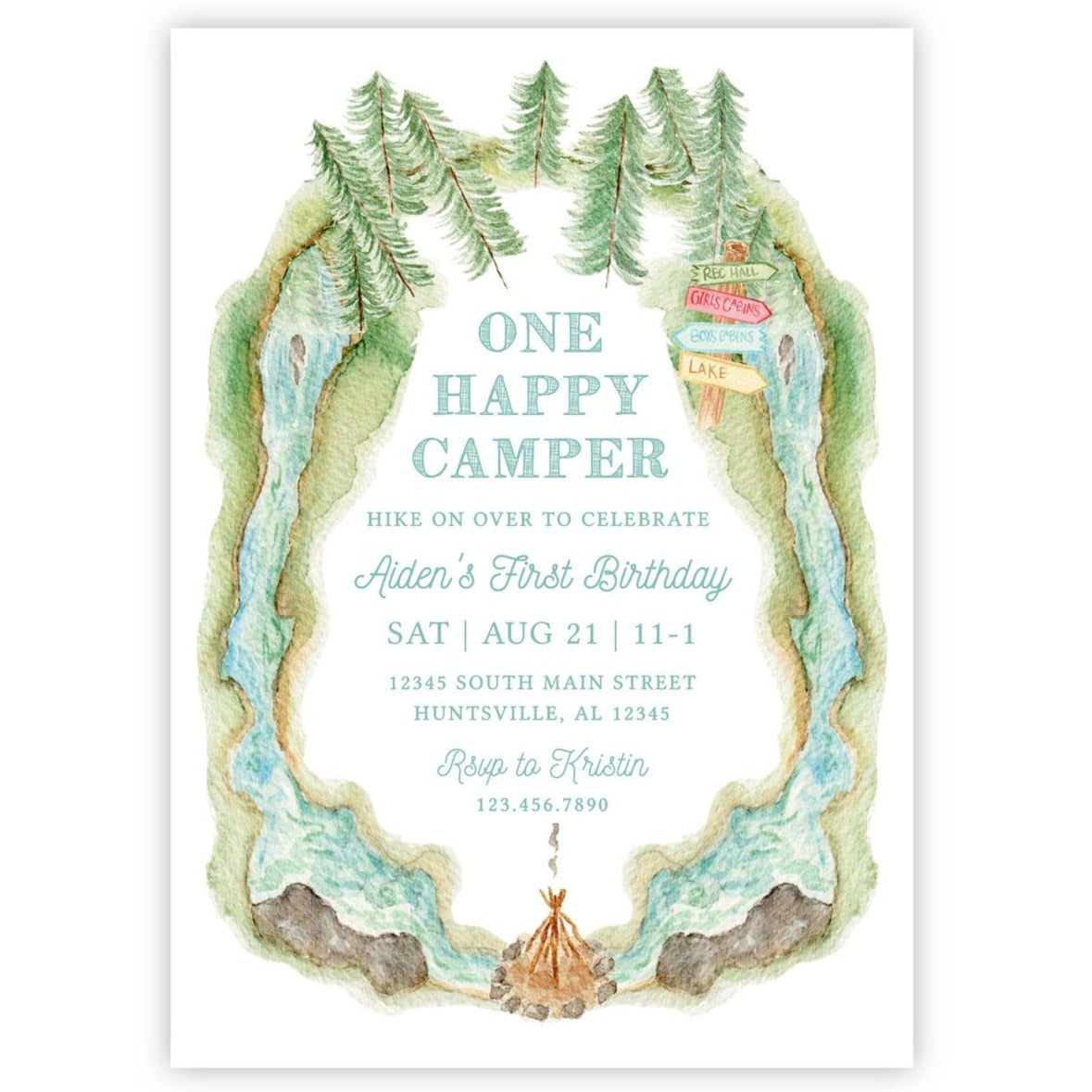 ONE Happy Camper First Birthday Invitations