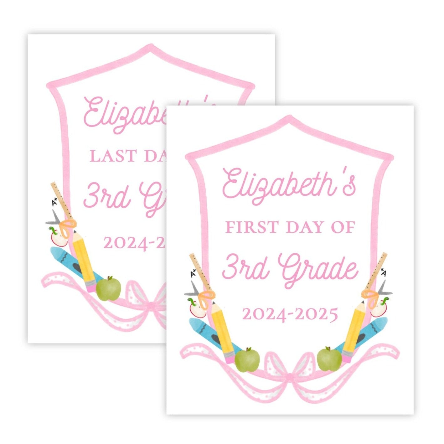 Personalized First and Last Day of School Sign - School Supply Crest (Pink)