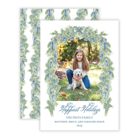 Christmas Photo Card - Blue Garland (Portrait)