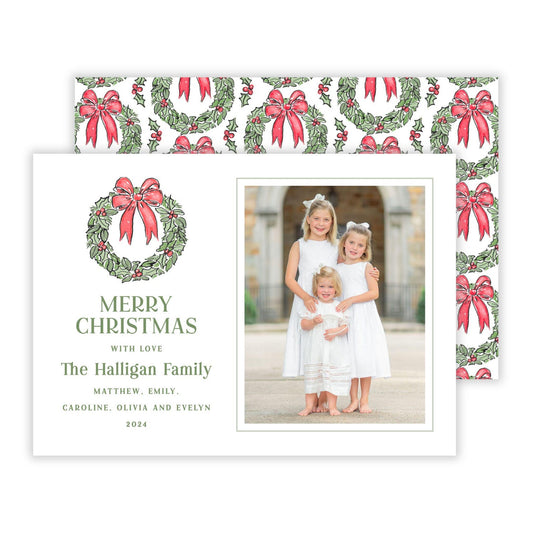 Christmas Photo Card - Preppy Wreaths, Red (Portrait Photo)