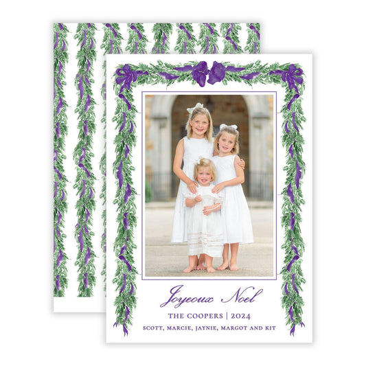 Christmas Photo Card - Big Bow Garland, Purple (Portrait)