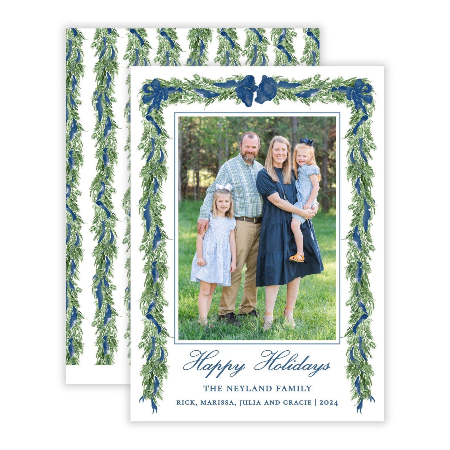 Christmas Photo Card - Big Bow Garland, Navy (Portrait)